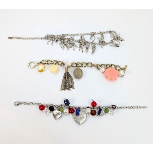 Set of 3 Charm Bracelet Zip Motif Heart Faux Pearl Flower Beads Retro Y2K Whimsy - Picture 12 of 12